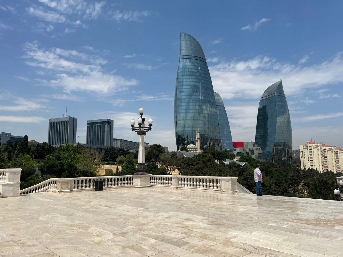 Highland Park observation deck and Flame Towers at night