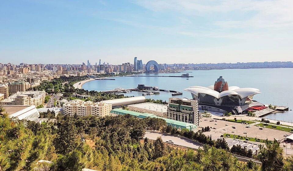 Baku city skyline with Flame Towers and Caspian Sea view 2026